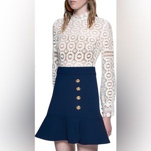 Self-Portrait A Line Crochet Mini Dress White and Navy Color Block